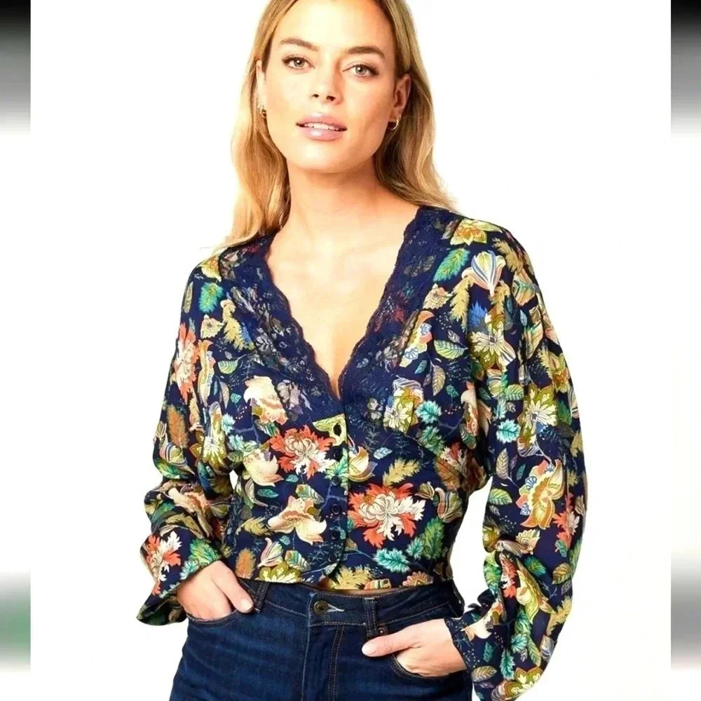 Buffalo David Bitton Lace Trim Raquel Botanical Blouse